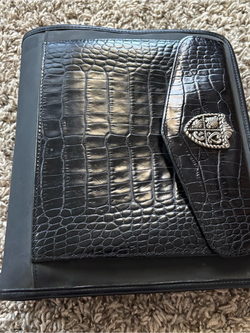 Vintage large agenda Black Croc-Embossed Leather Folio with Decorative Brighton